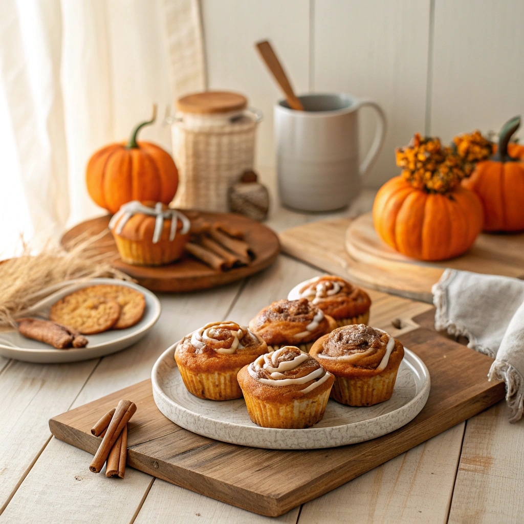 Pumpkin cinnamon roll muffins on rustic table