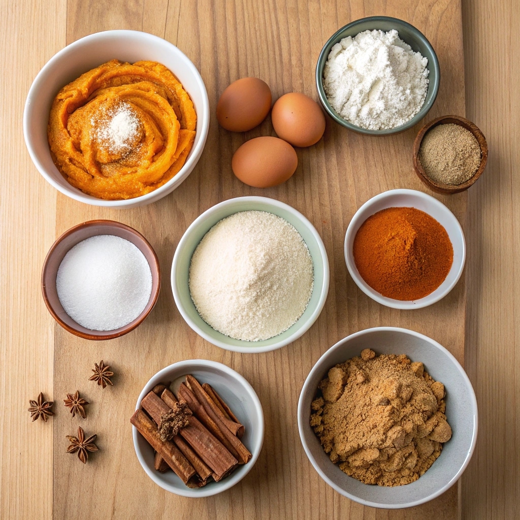 Pumpkin cinnamon roll muffin ingredients arranged on table