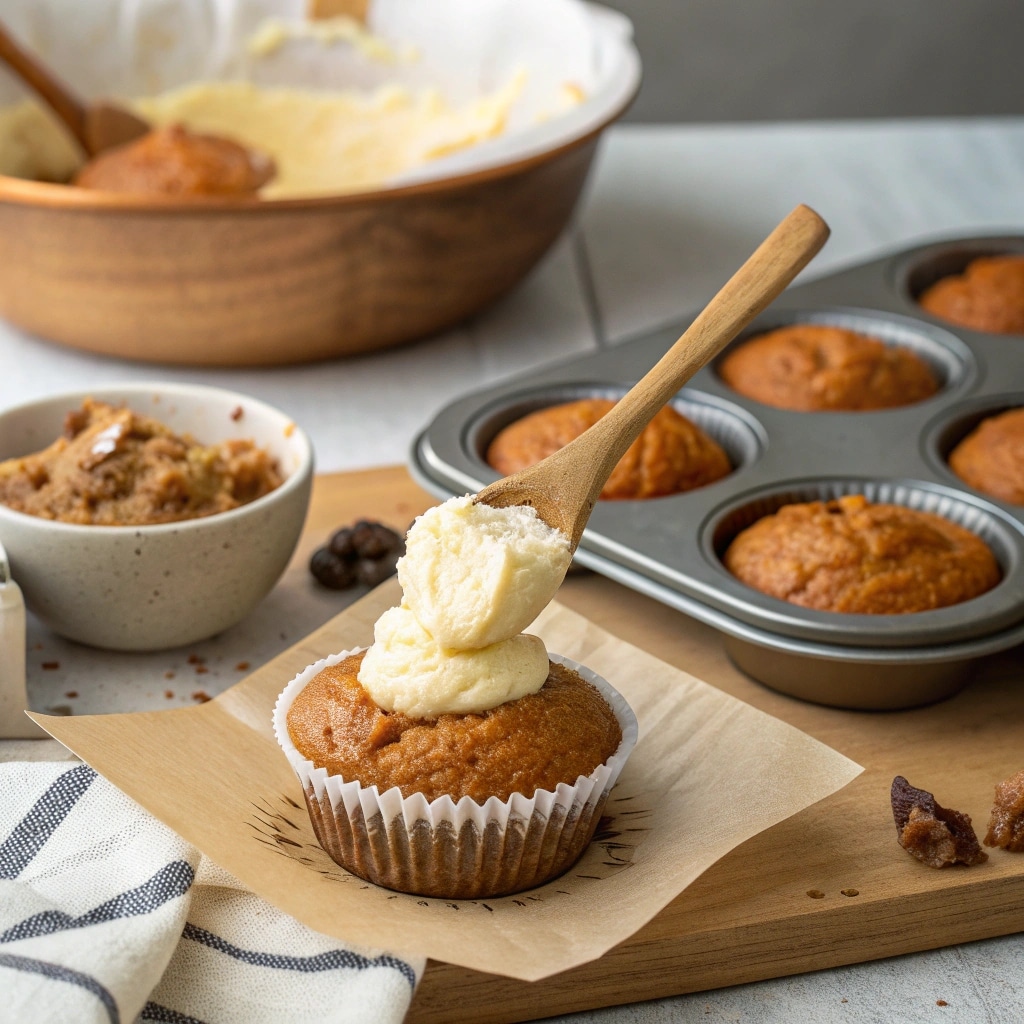 Filling pumpkin muffins with cream cheese batter