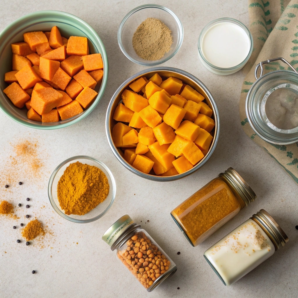 Pumpkin curry ingredients with spices and coconut milk