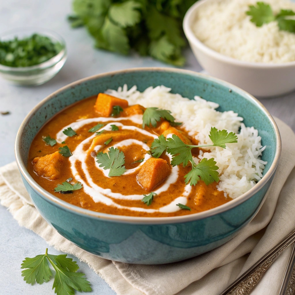 Pumpkin curry served with rice in a bowl