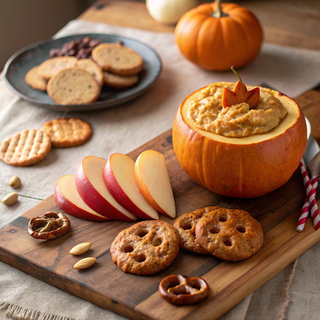 Pumpkin Dip served in hollowed pumpkin with snacks
