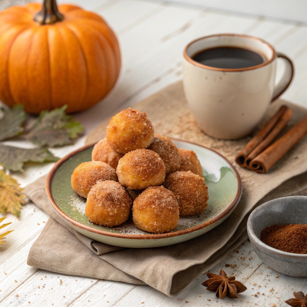 Pumpkin Donut Holes: Bite-Sized Fall Comfort 9 Served pumpkin donut holes with cinnamon sugar