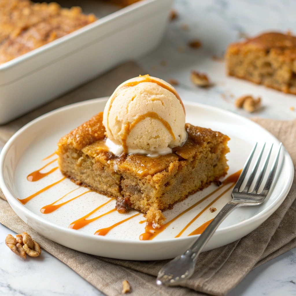 Pumpkin Dump Cake served with vanilla ice cream