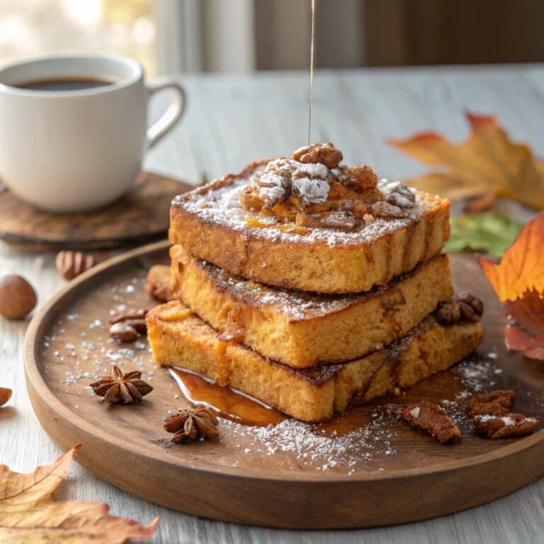 Pumpkin French Toast Breakfast stacked with maple syrup and pecans