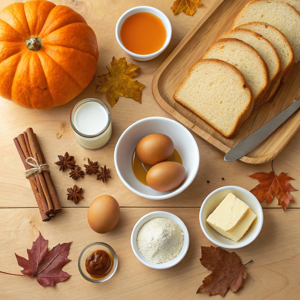 Pumpkin French Toast Breakfast ingredients laid out on wooden counter