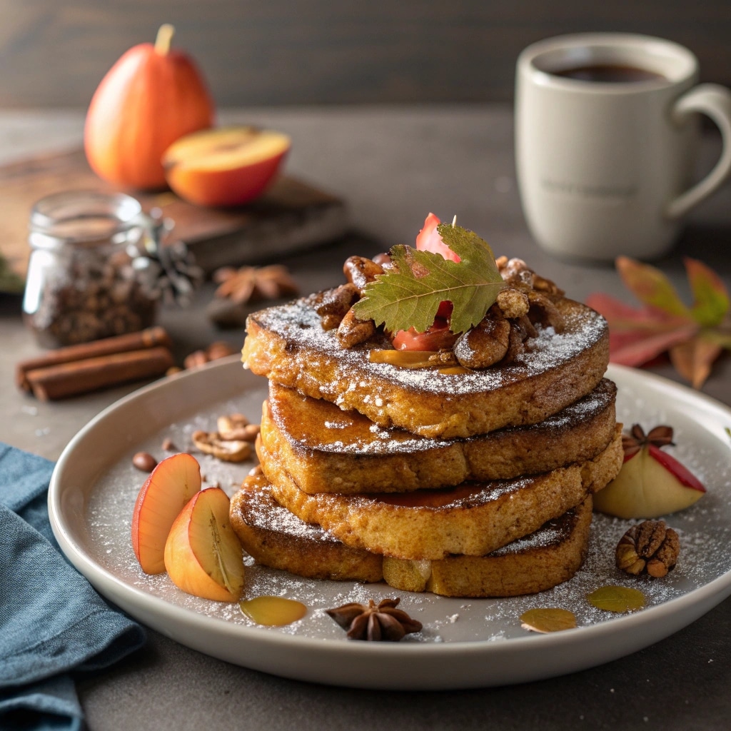 Served Pumpkin French Toast Breakfast with maple syrup and pecans