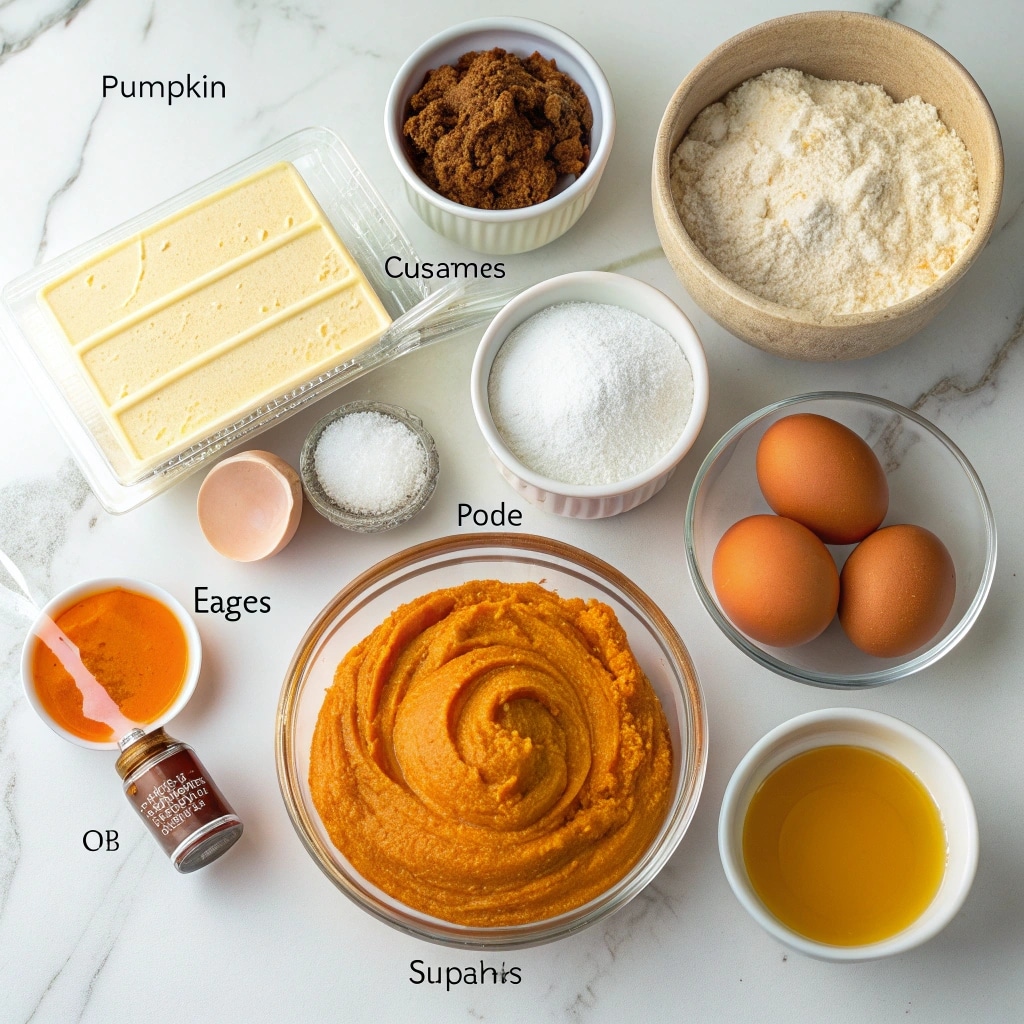 Ingredients for Cream Cheese Swirled Pumpkin Loaf arranged on marble