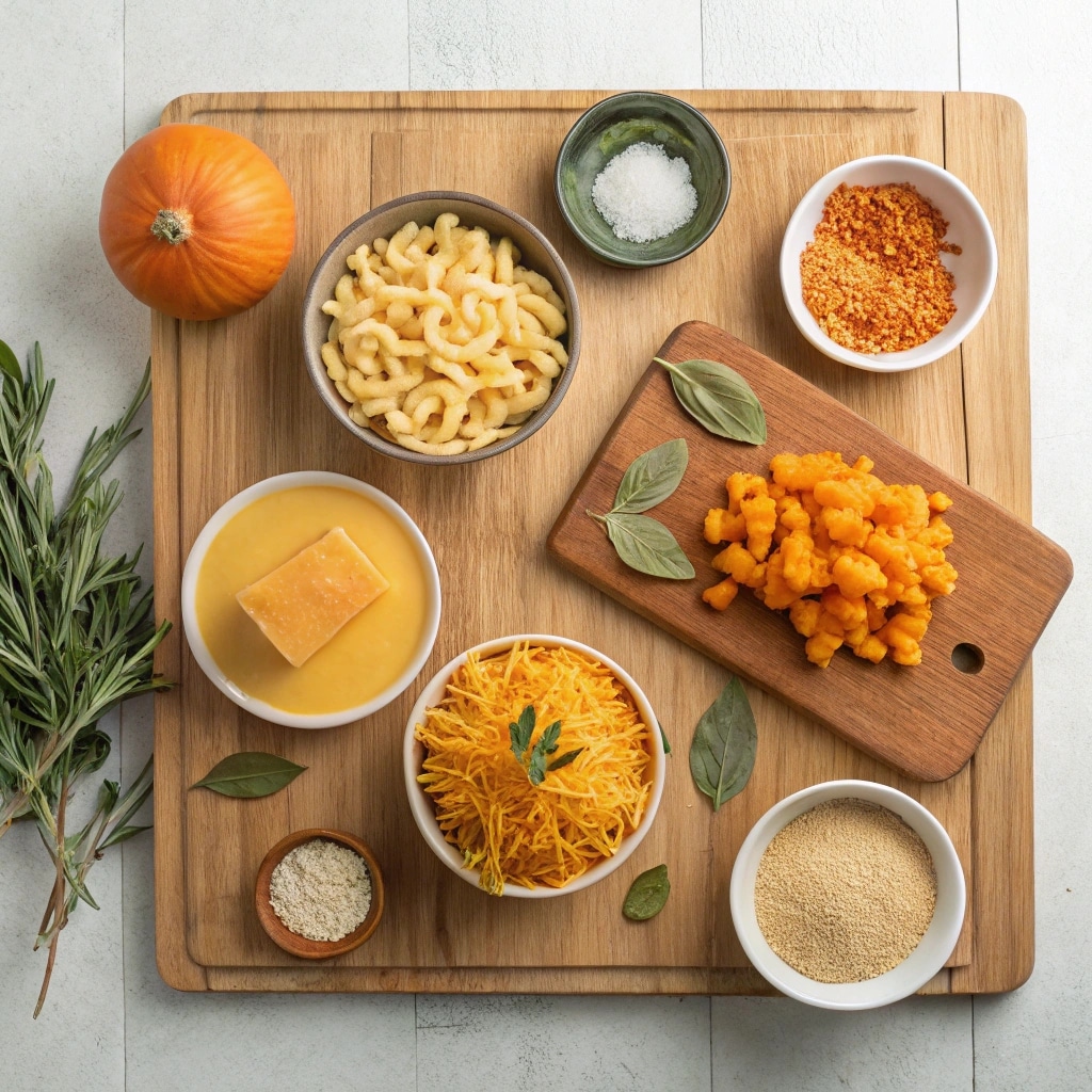 Pumpkin Mac & Cheese ingredients flat lay