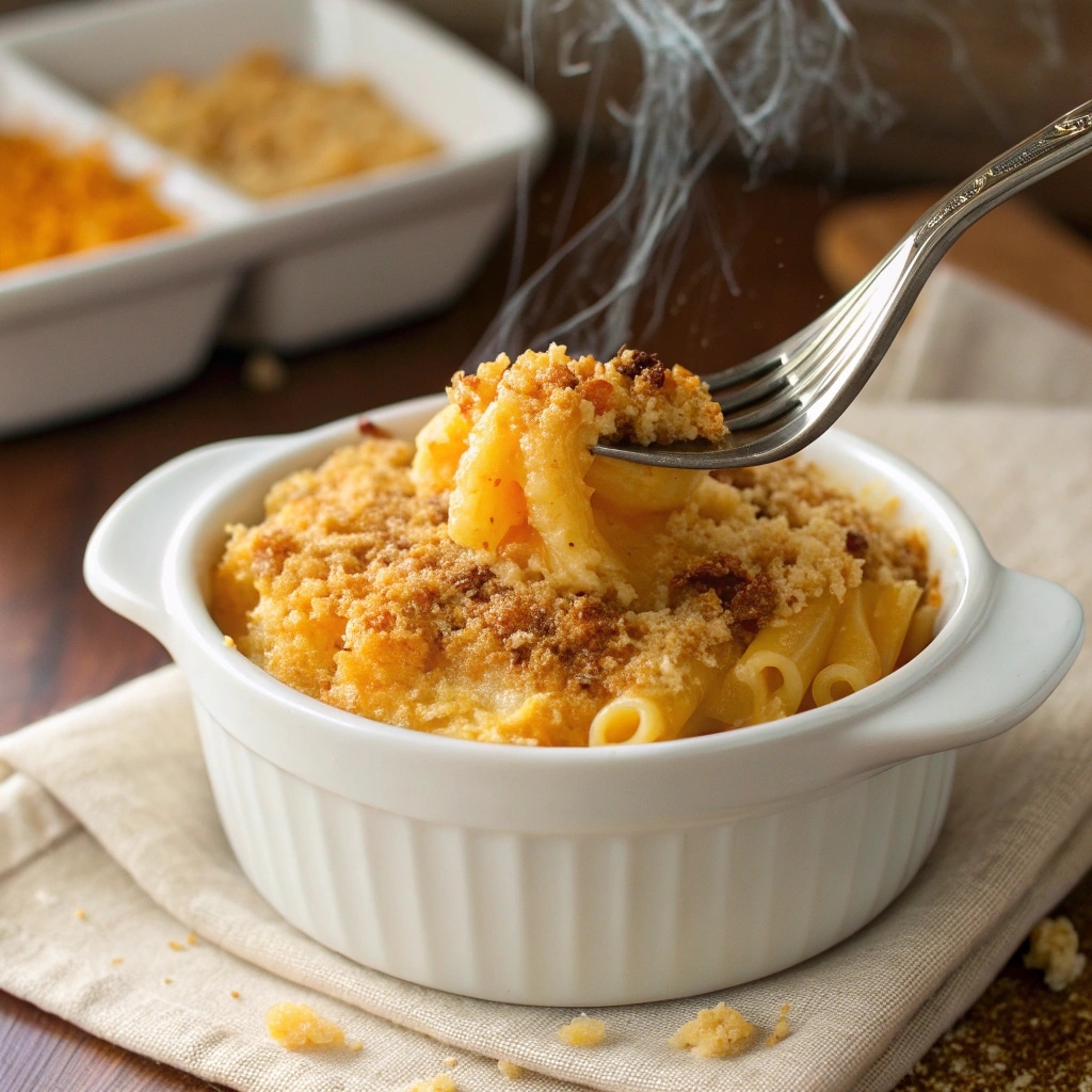 Serving pumpkin mac & cheese with breadcrumb topping