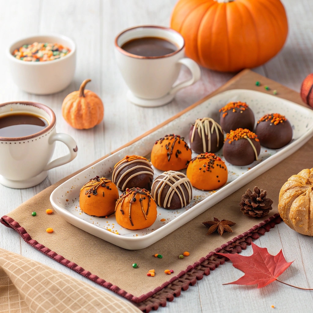Pumpkin Oreo Balls served on fall dessert platter