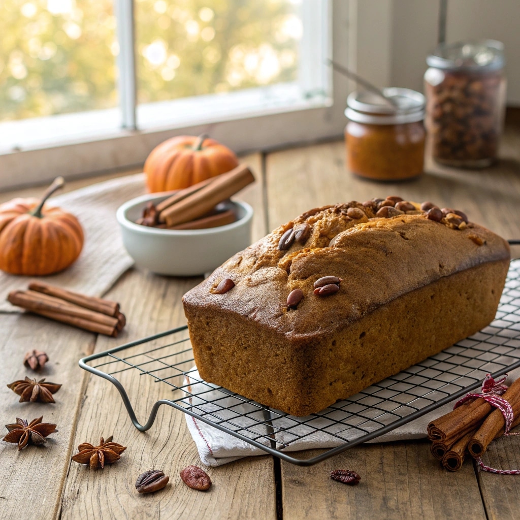 Freshly baked pumpkin pecan bread cooling on wire rack