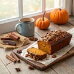 Moist pumpkin pecan bread loaf with pecan topping on rustic table