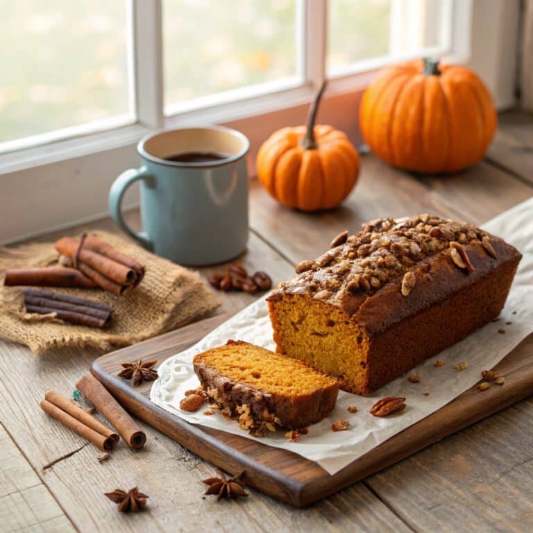 Moist pumpkin pecan bread loaf with pecan topping on rustic table