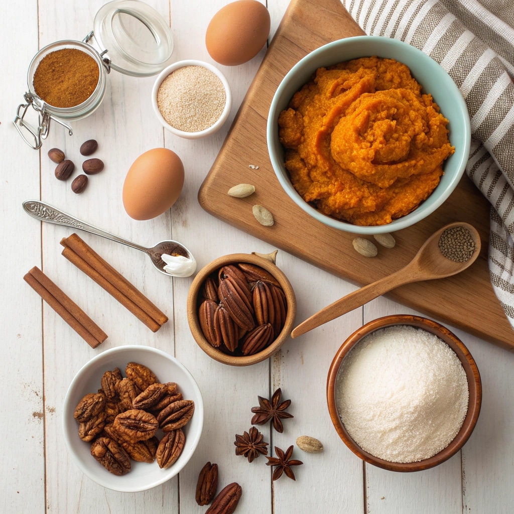 Ingredients for pumpkin pecan bread including pumpkin puree, pecans, flour, and spices