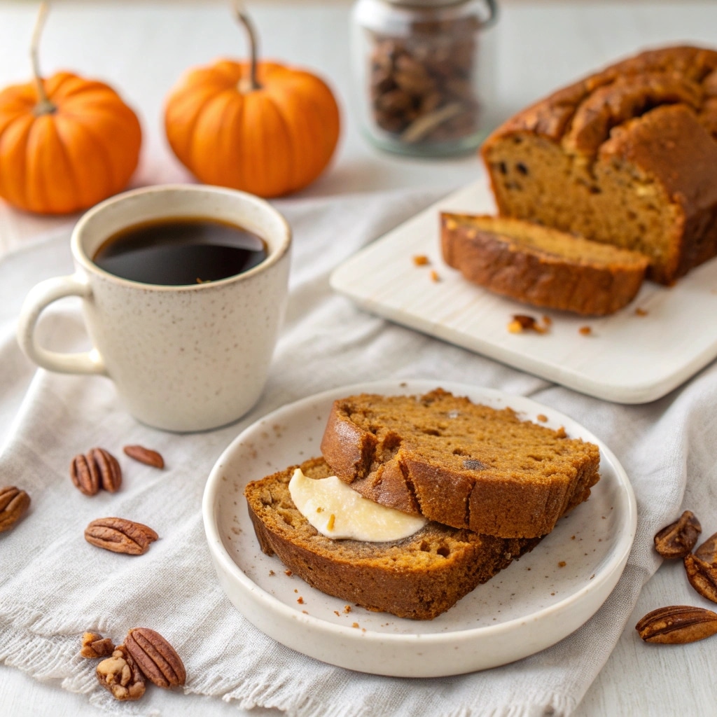 Slices of pumpkin pecan bread served with butter and coffee