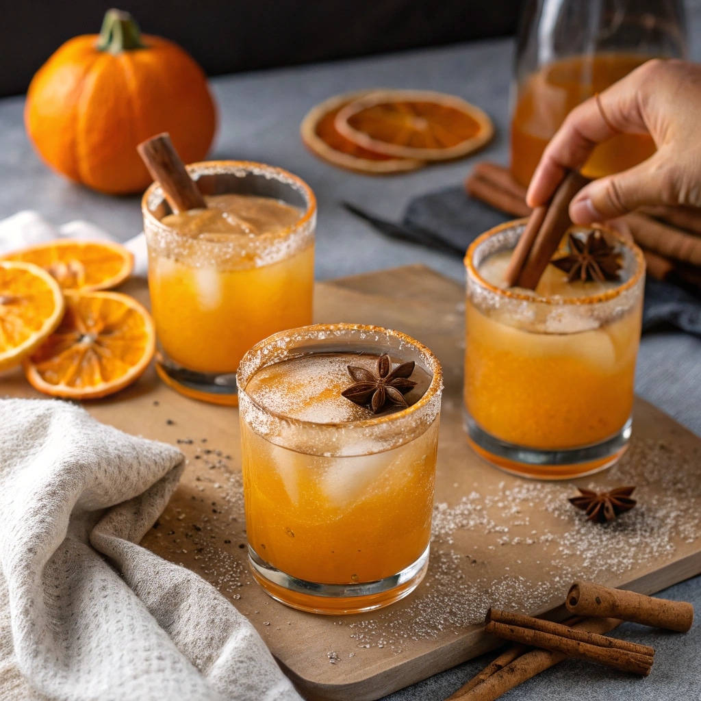 Pumpkin Punch served over ice with citrus wheels and cinnamon sticks