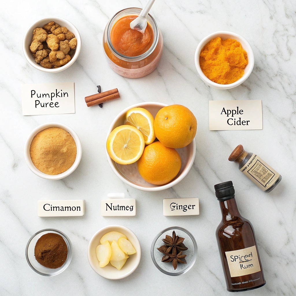 Pumpkin Punch ingredients with pumpkin, cider, citrus, and spices
