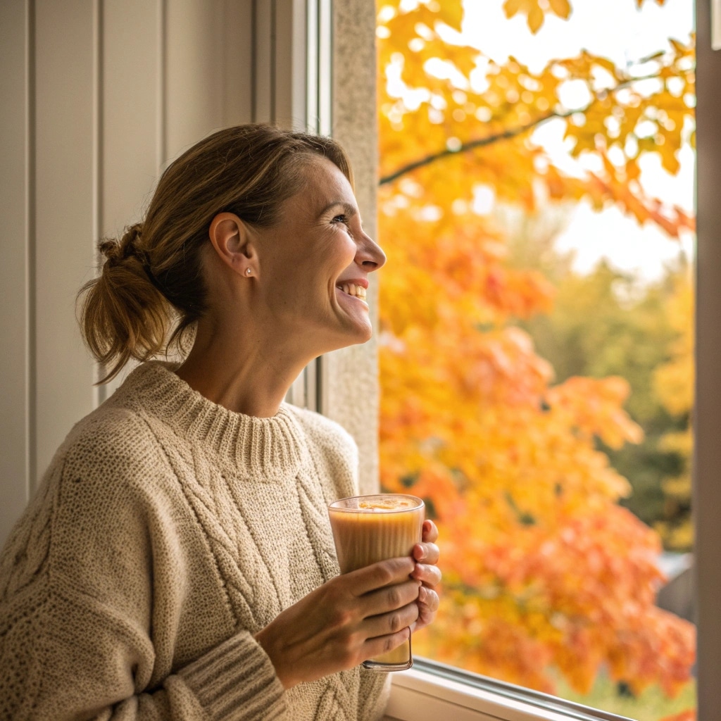 Enjoying a homemade Pumpkin Smoothie in fall