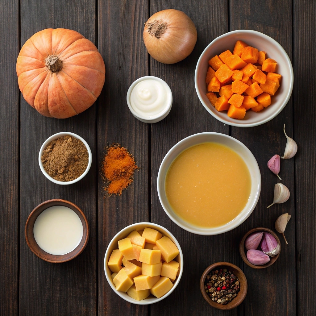 Pumpkin soup ingredients on wooden table
