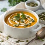 Pumpkin soup served with cream and pumpkin seeds
