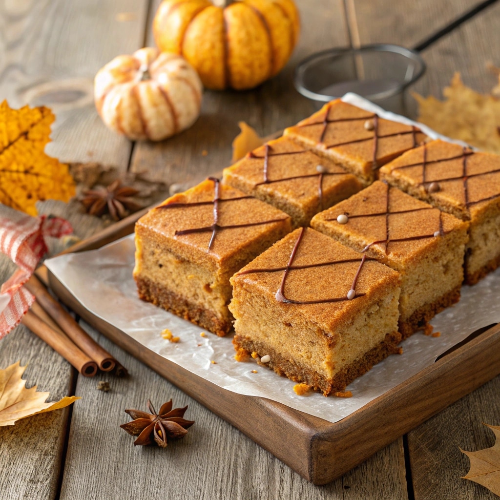 Pumpkin spice gooey cake cut into squares