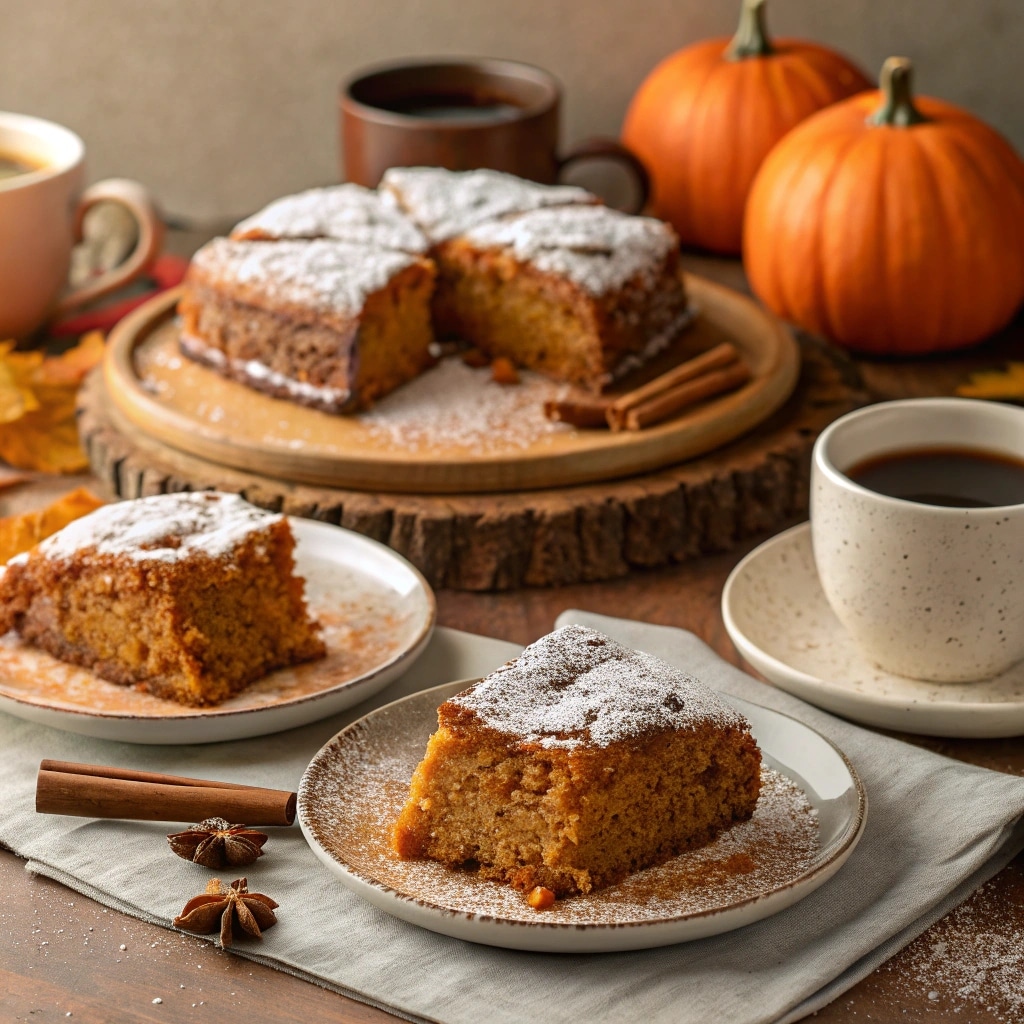Pumpkin spice gooey cake slices served with coffee