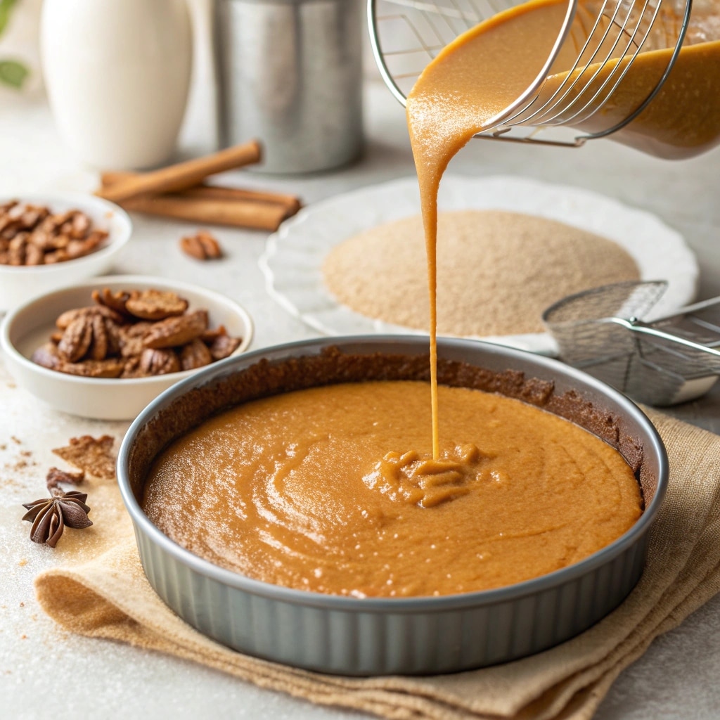 Pouring pumpkin spice gooey cake batter into pan