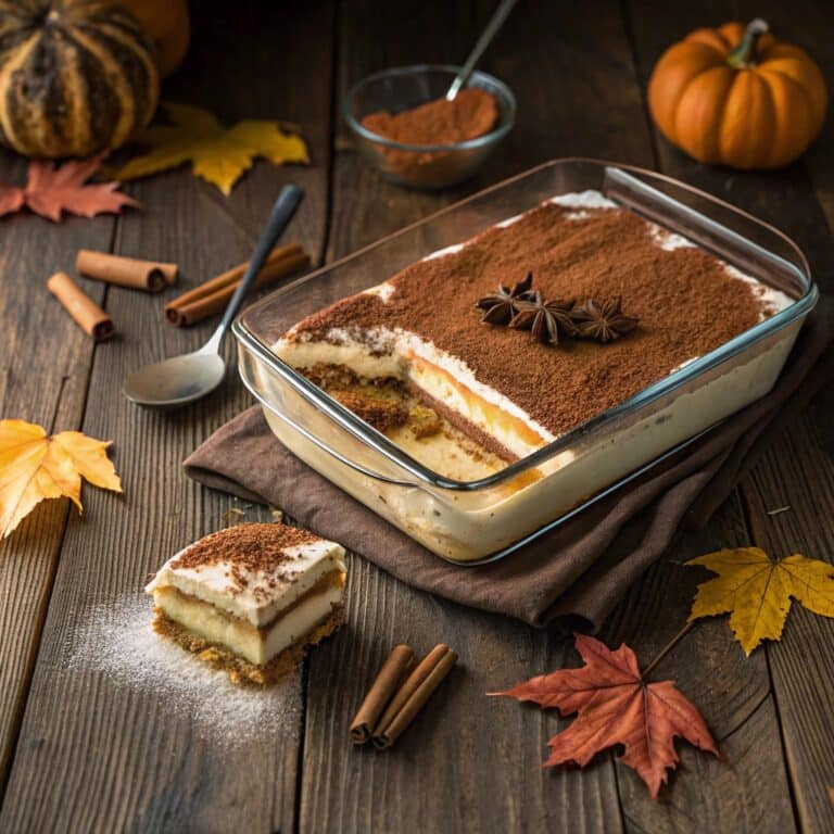 Pumpkin Tiramisu in baking dish with cocoa topping
