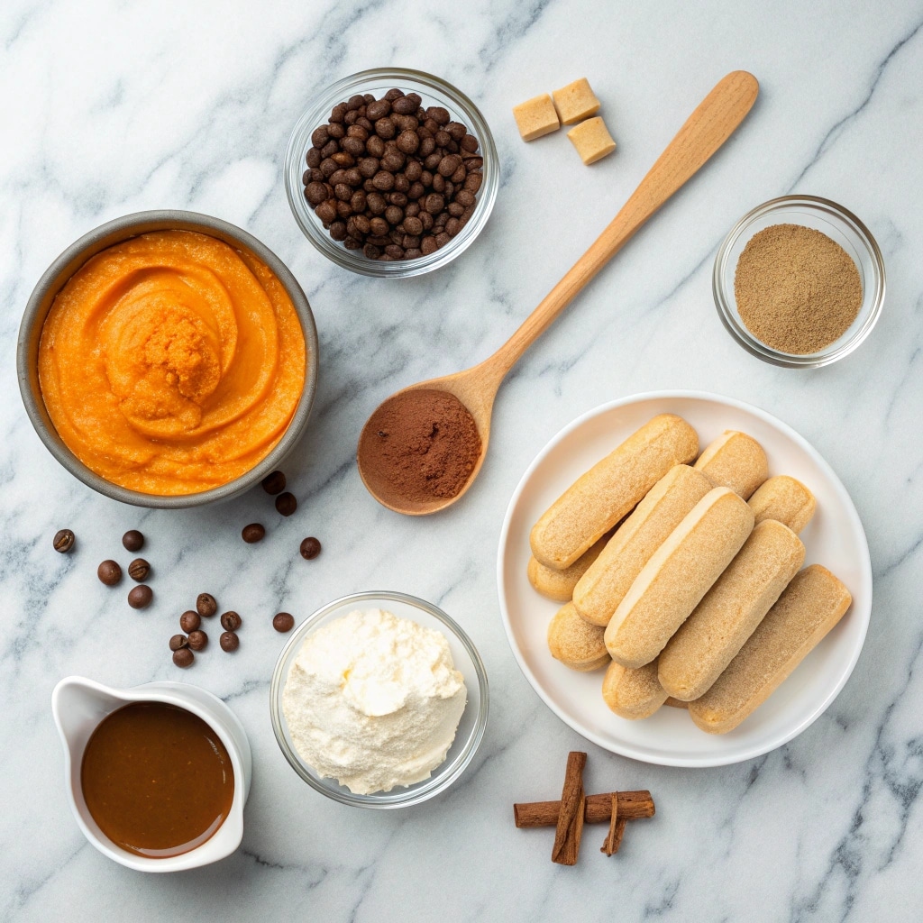 Pumpkin Tiramisu ingredients flat lay