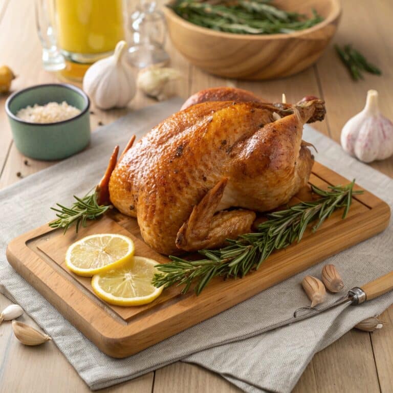 Roasted turkey with golden skin on wooden board