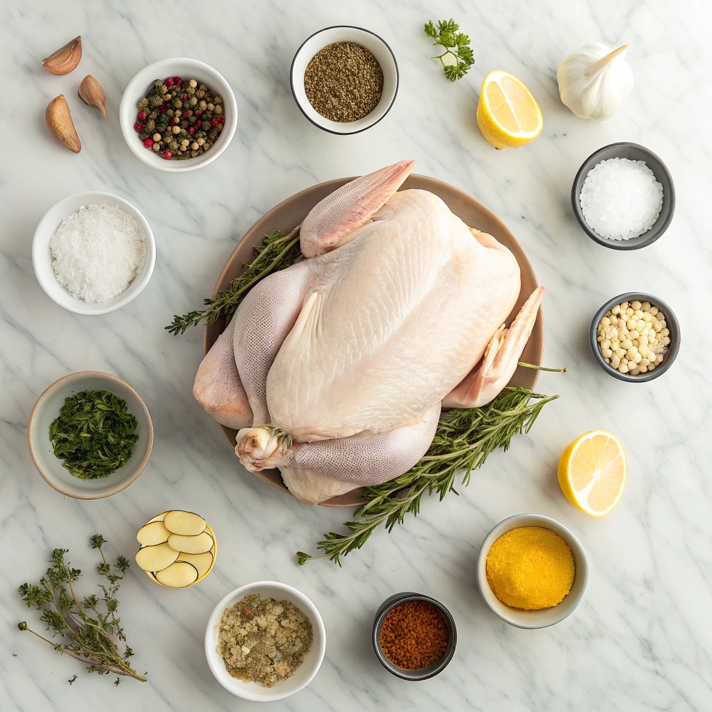 Raw turkey with seasoning ingredients