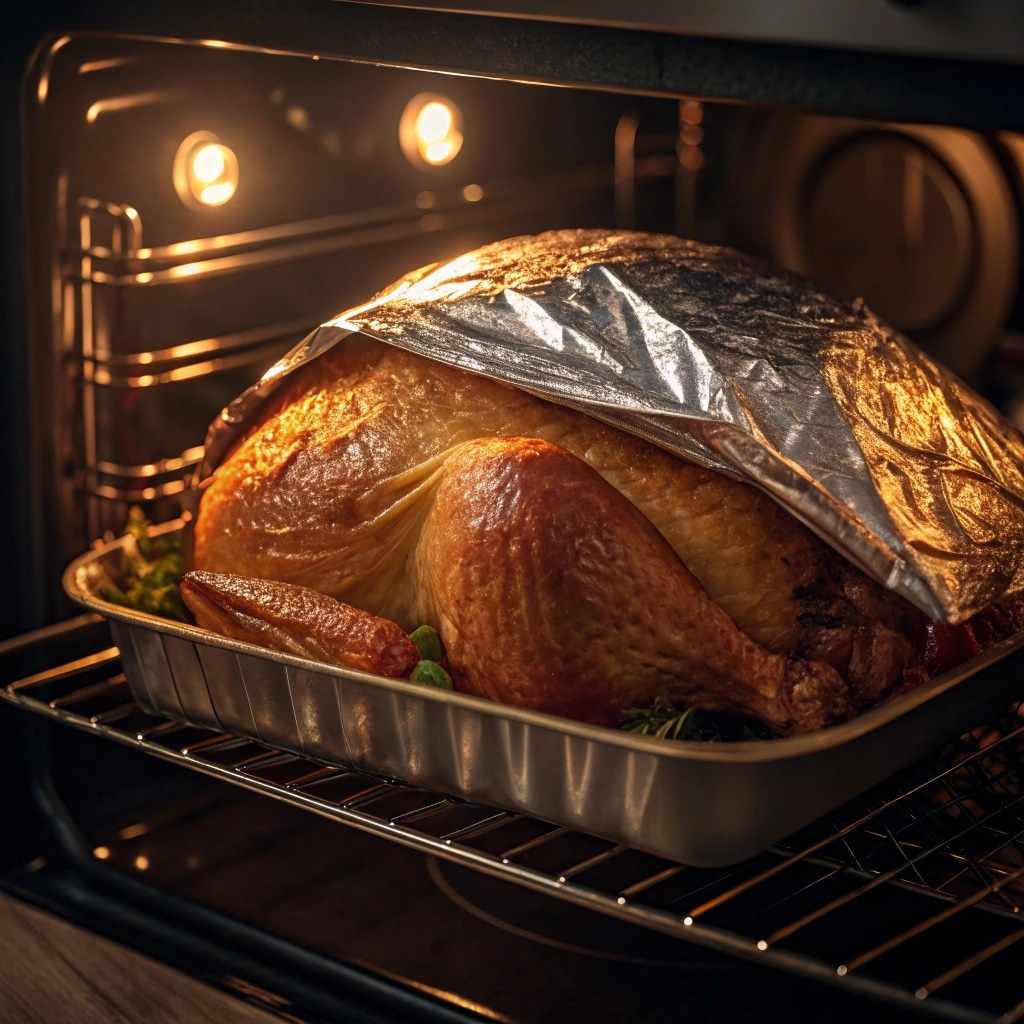 Turkey roasting in oven with golden skin
