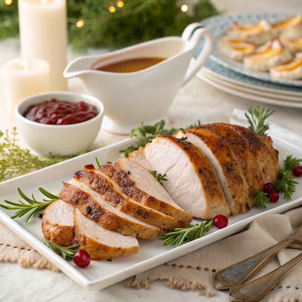 Sliced roasted turkey served with gravy and herbs