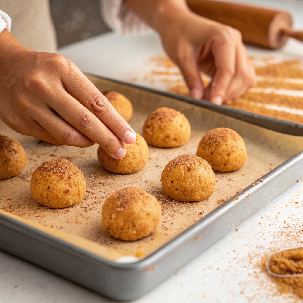 Rolling Pumpkin Snickerdoodle dough in cinnamon sugar