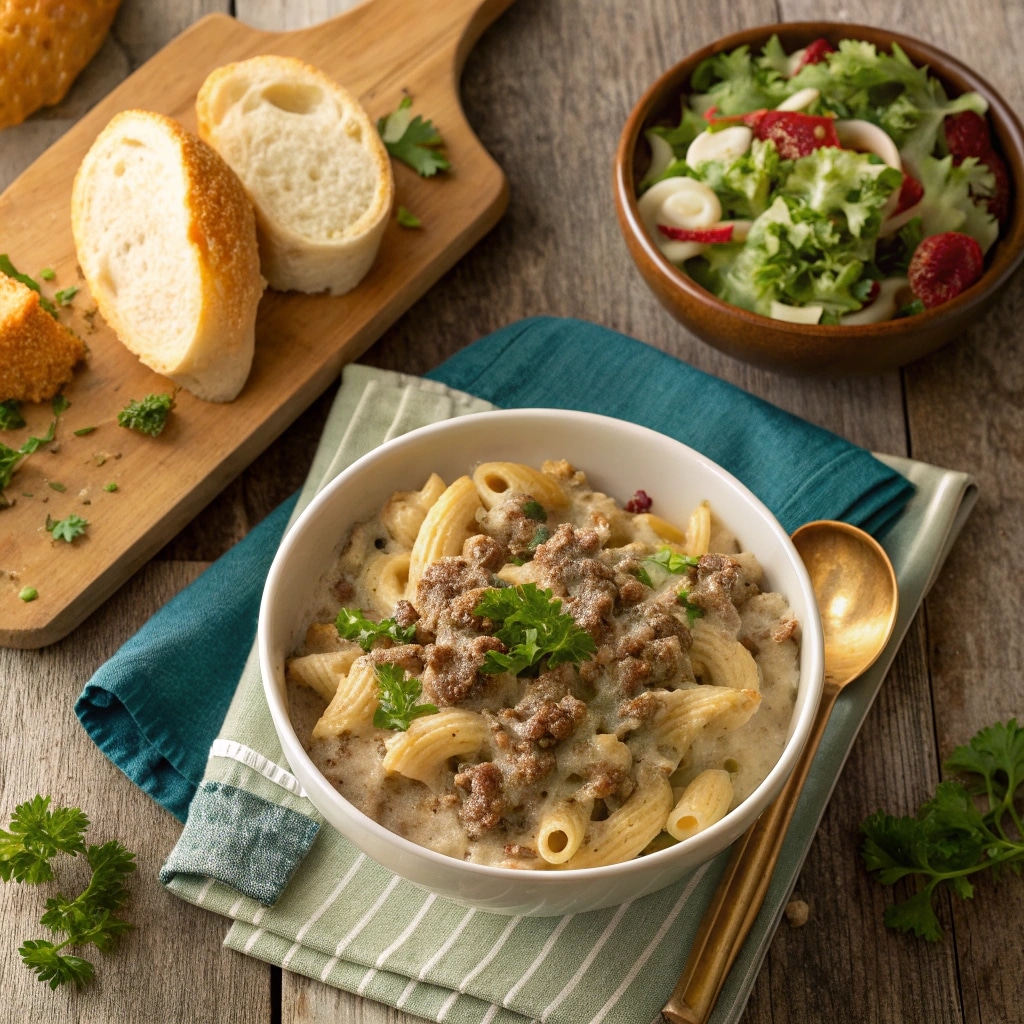 Bowl of creamy Hamburger Helper recipe with parsley, garlic bread, and salad
