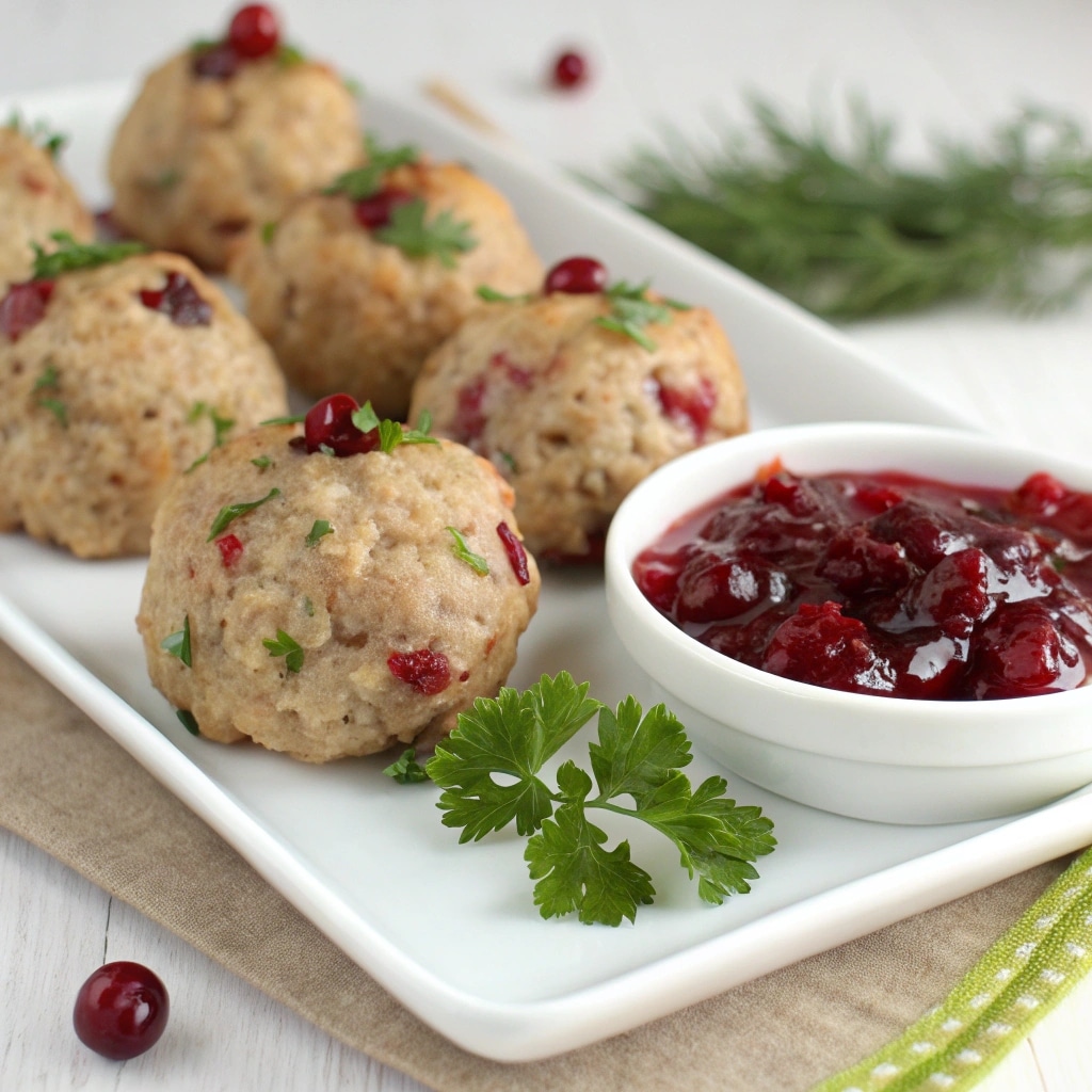 serving cranberry turkey stuffing balls with sauce