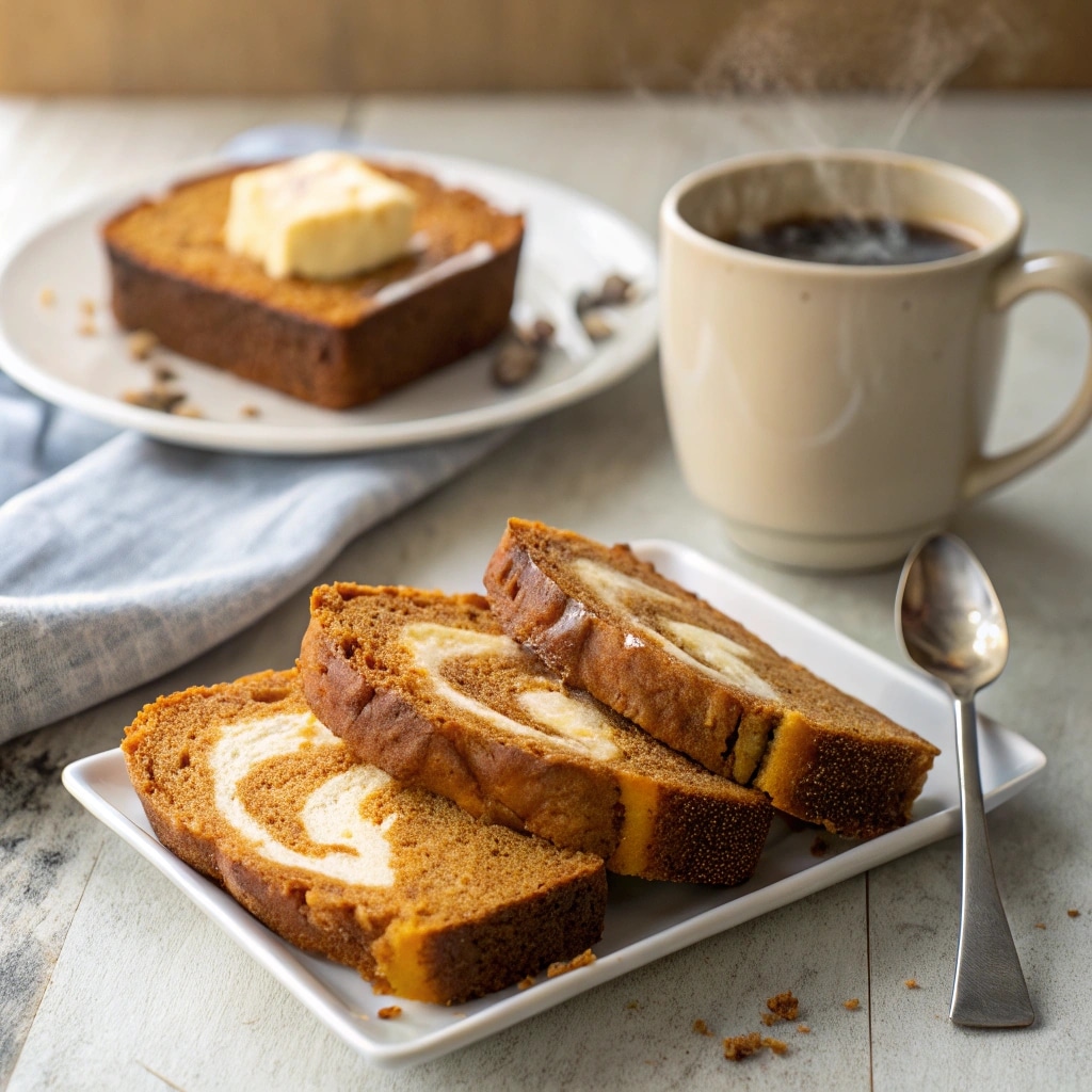 Slices of Cream Cheese Swirled Pumpkin Loaf served with maple butter