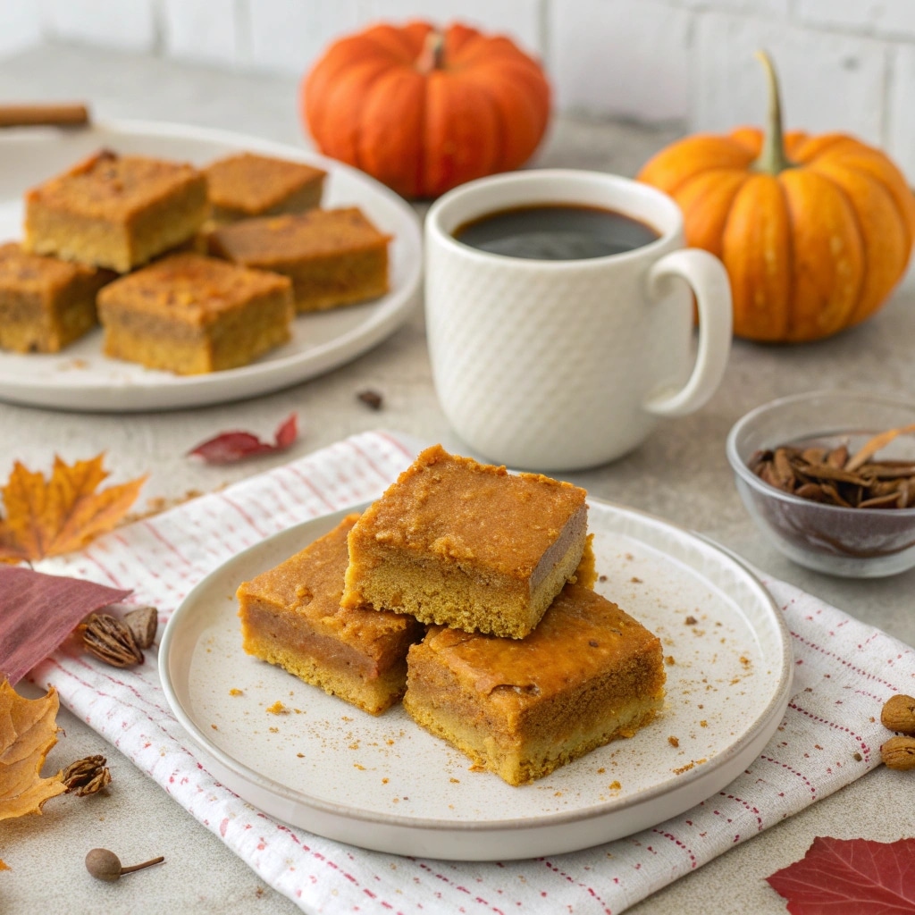 Serving pumpkin bars with coffee