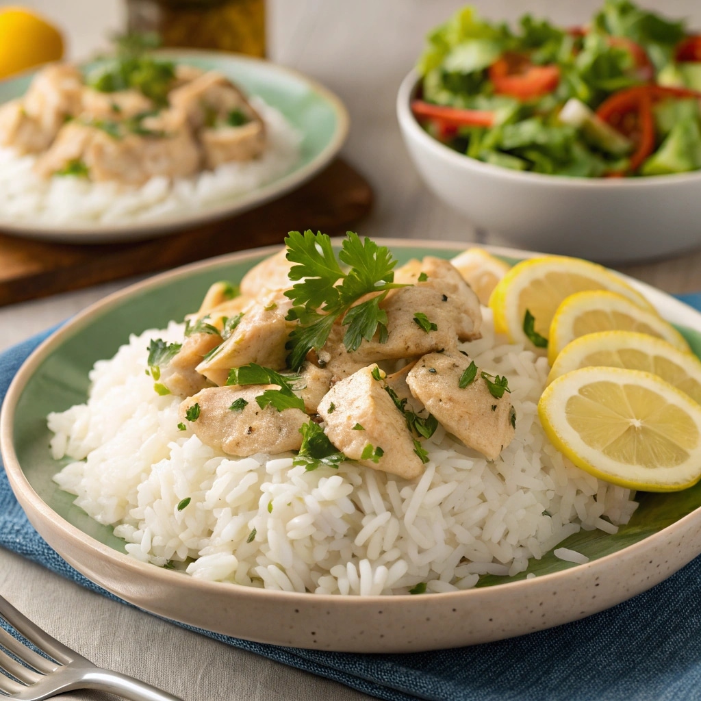 Serving Slow Cooker Lemon Herb Chicken and Rice