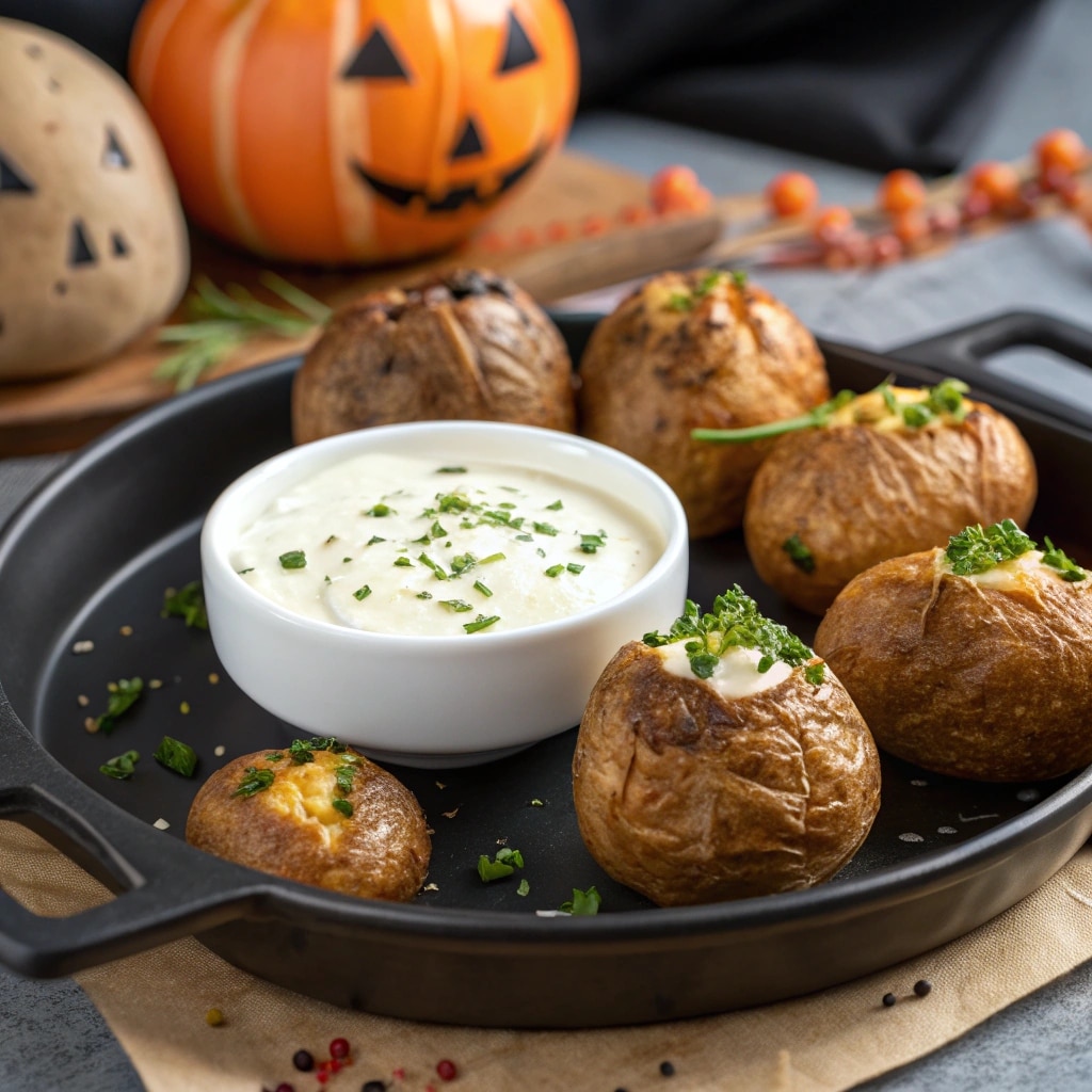 Serving Shrunken Potato Heads with sour cream dip