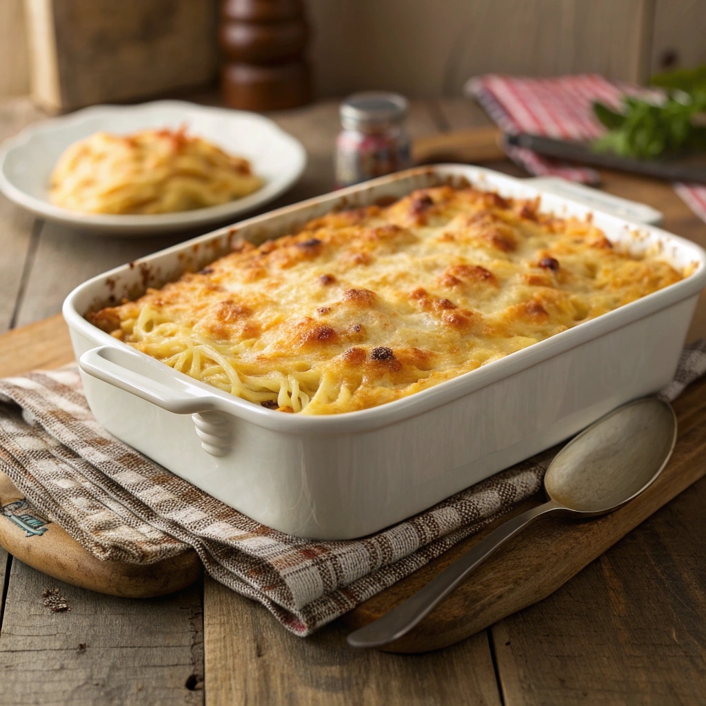 Serving of Southern Cheesy Chicken Spaghetti Casserole on plate