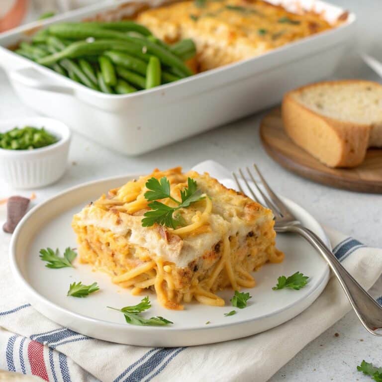 Southern Cheesy Chicken Spaghetti Casserole baked in dish