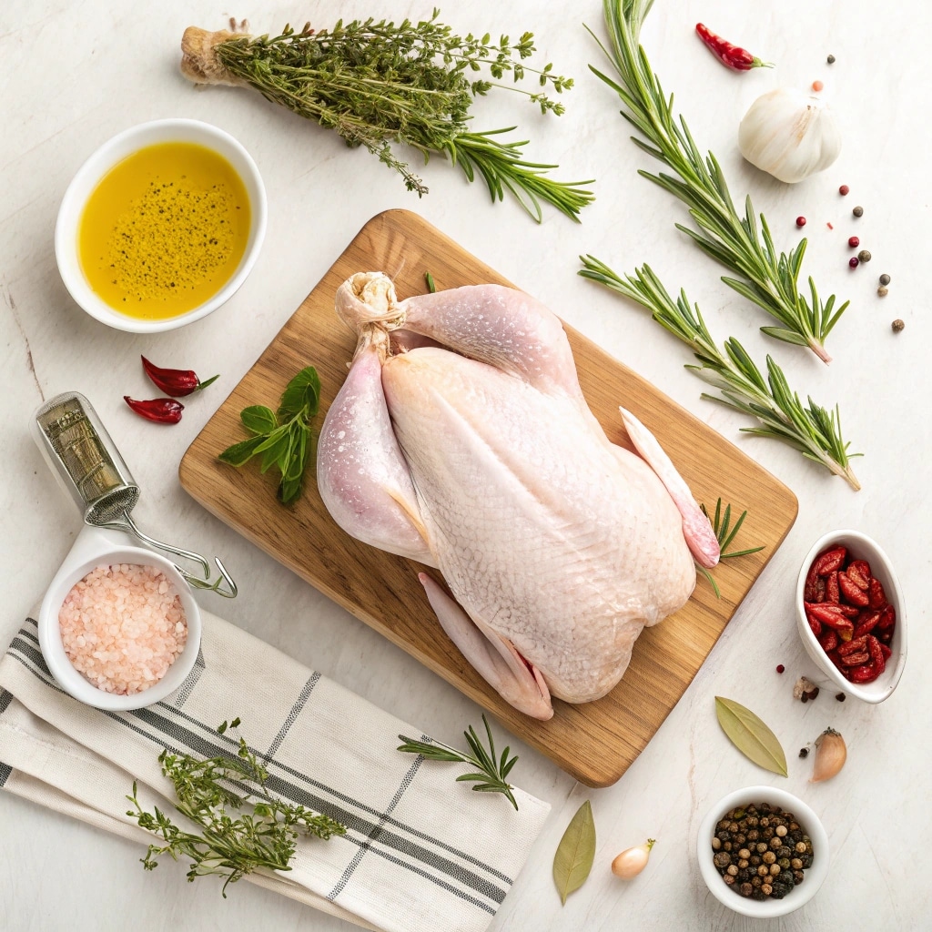 Spatchcock turkey ingredients on wooden board