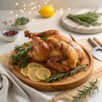 Spatchcock turkey with crispy golden skin on platter