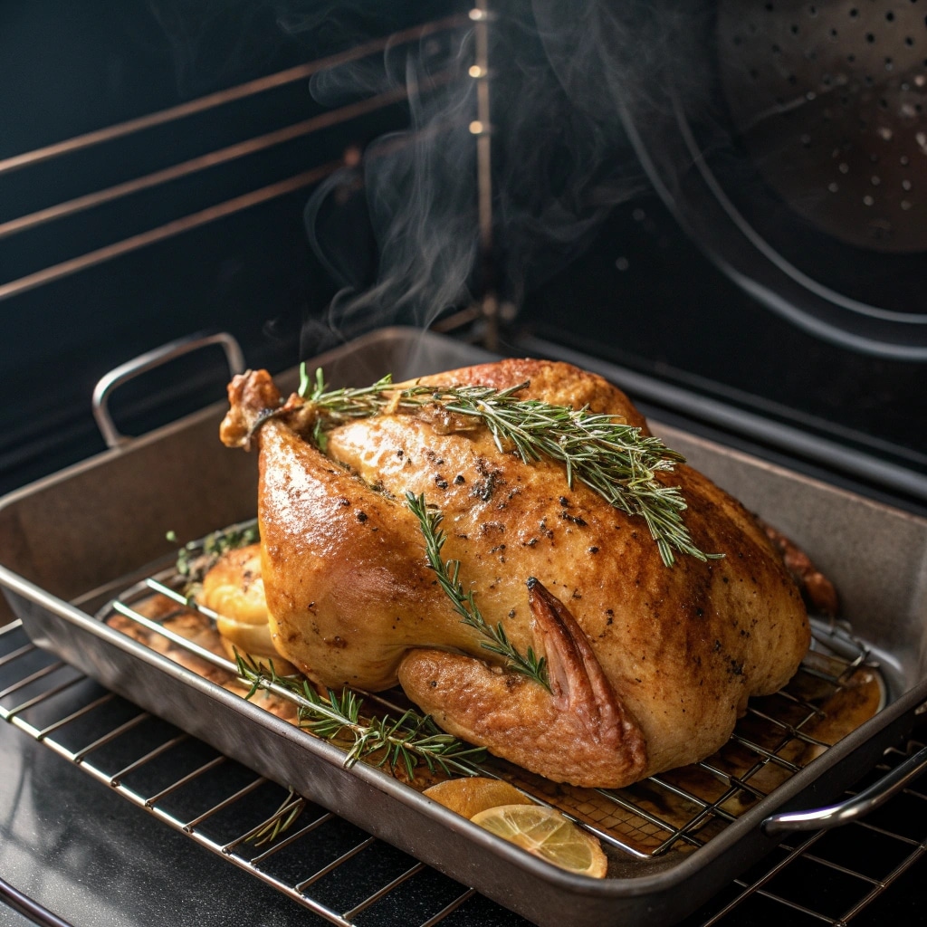 Spatchcock turkey roasting in oven on wire rack