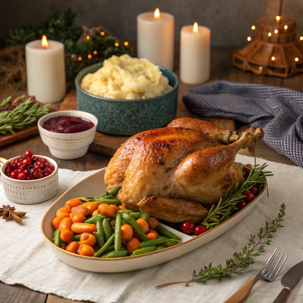 Carved spatchcock turkey served with holiday sides