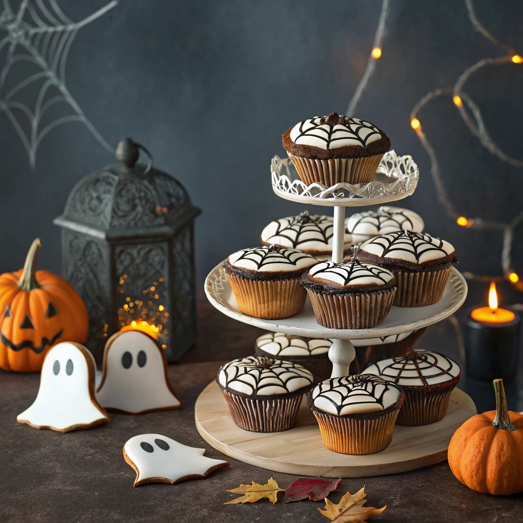 Spiderweb Cupcakes Served for Halloween Party