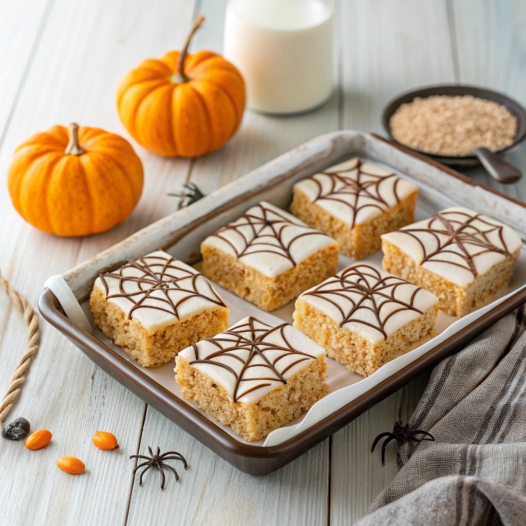Spiderweb Marshmallow Treats served with candy spiders