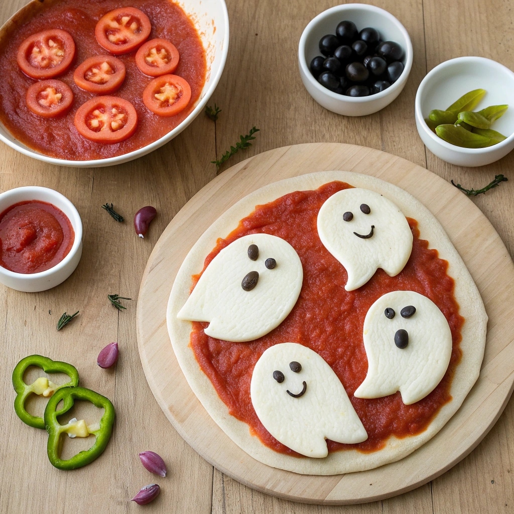 Spooky Ghost Pizza ingredients on wooden table